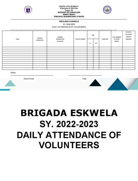 Brigada Eskwela Form 4 Daily Attendance Of Volunteer Pdf