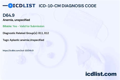 Icd 10 Cm Diagnosis Code D649 Anemia Unspecified