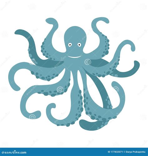 Vector Cute Cartoon Blue Octopus Isolated On White Background Vector