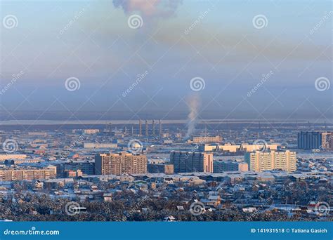 City View From Above In Winter Of Yakutsk At Sunset Yakutia Russia