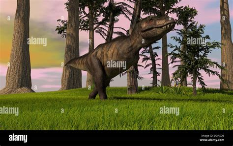 Tyrannosaurus Rex Hunting In Grasslands Stock Photo Alamy