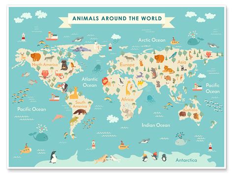 World Map With Animals Print By Kidz Collection Posterlounge