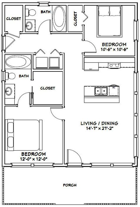28x34 House 2 Bedroom 2 Bath 952 Sq Ft Pdf Floor Plan Etsy Small