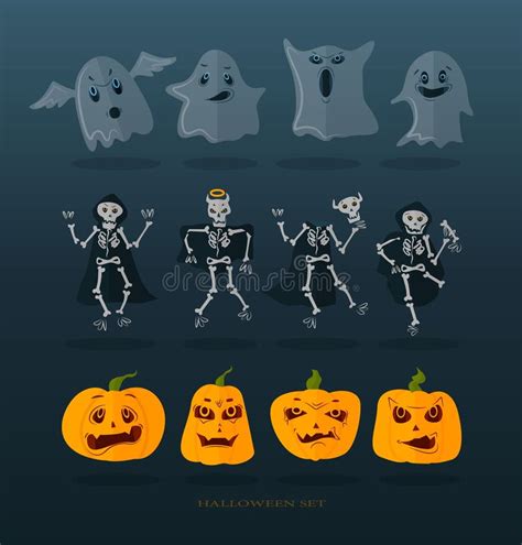 Skeletons Set For Halloween Happy Halloween With Funny Skeleton Cartoon Character Stock