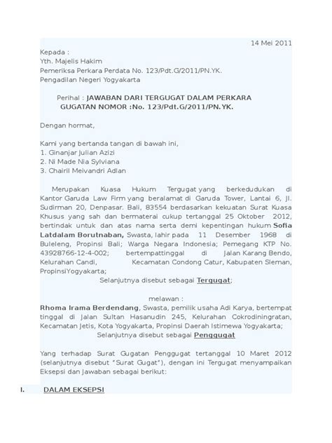 Bahwa perceraian merupakan jalan tempuh yang terbaik, dan untuk perwalian anak yaitu. Contoh Surat Eksepsi Perdata