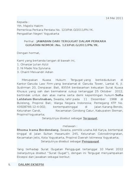 Dengan ini tergugat i menyampaikan eksepsi dan jawaban atas gugatan penggugat serta sekaligus gugat rekonvensi dalam perkara perdata no. Contoh Surat Eksepsi Perdata