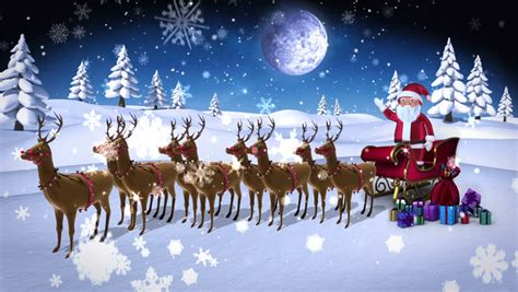 Digital Animation Of Cartoon Santa Waving At Camera With Sled And