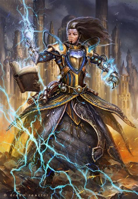 Female Mage In Gold Armour With Elemental Lightning Magic For Dnd