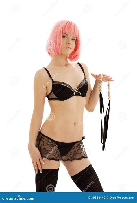 Girl In Black Lingerie With Pink Hair Stock Photo Image Of Fetish