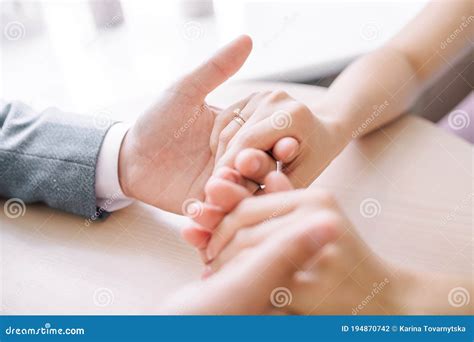 Gentle Touch Of The Hands Of A Man And A Woman Husband Gently Strokes