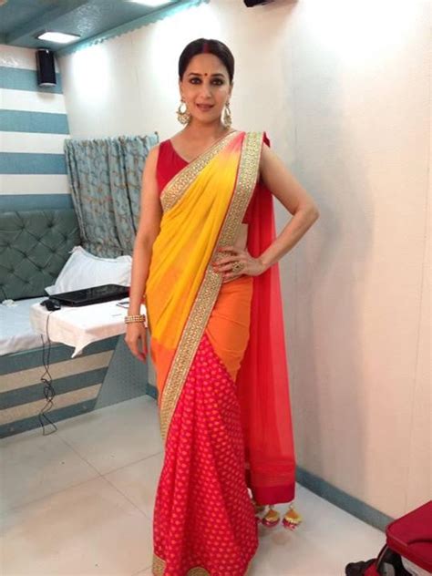 Madhuri Dixit In Yellow Red Saree Panache Haute Couture