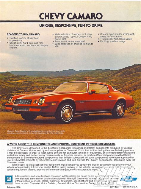 Sport Lt Z28 1977 Chevrolet Camaro Original Car Sales Brochure Catalog
