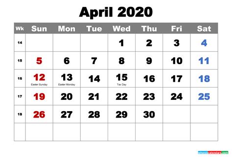 Free Printable April 2020 Calendar With Holidays As Word Pdf