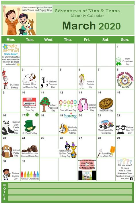 March 2020 Kids Calendar Kids Calendar Calendar Themes Nature Calendar