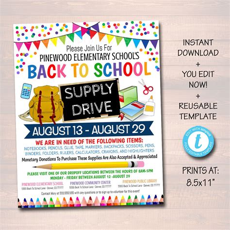 Editable School Supply Drive Flyer Printable Pta Pto Flyer School