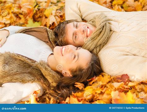 Romantic Couple In The Autumn Park Stock Photo Image Of Bonding