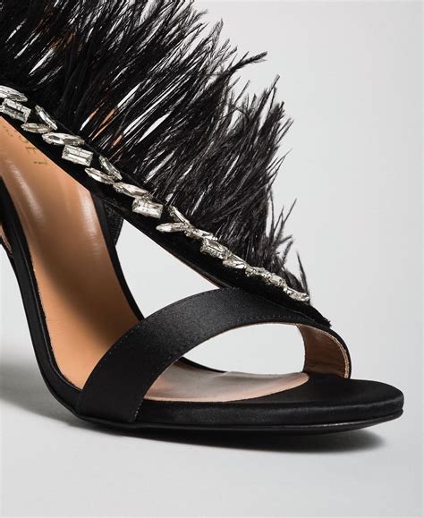 Satin Sandals With Feathers Woman Black Twinset Milano
