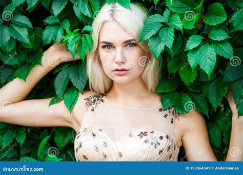 Young Beautiful Blonde In Ivy Summer Park Outdoors Stock Image Image