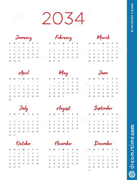 Annual Calendar For 2034 Stock Vector Illustration Of Poster 181167241