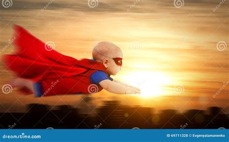 Toddler Little Baby Superman Superhero With Red Cape Flying Thro Stock