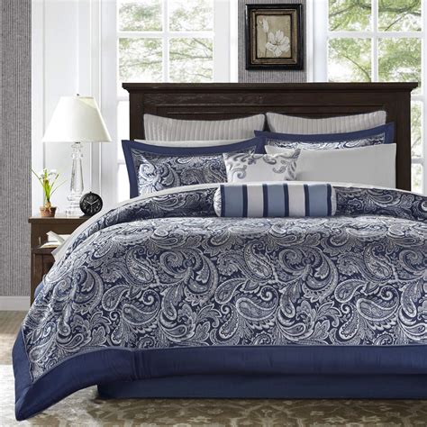 Madison Park Aubrey King Size Bed Comforter Set Bed In A Bag Navy Grey Paisley Jacquard 12