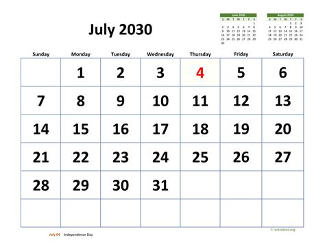 July 2030 Calendar With Extra Large Dates