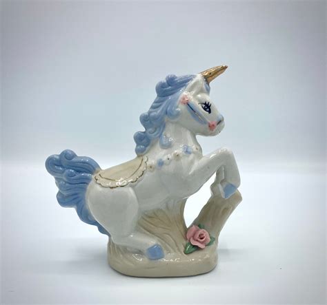 Vintage Porcelain Unicorn Figurine W Blue Mane Gold Horn Etsy