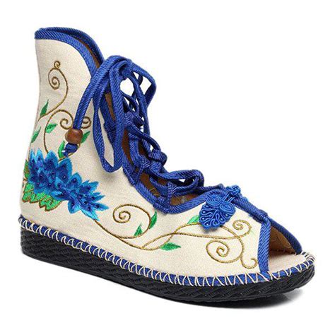 Blue 38 Embroidery Knot Button Peep Toe Shoes
