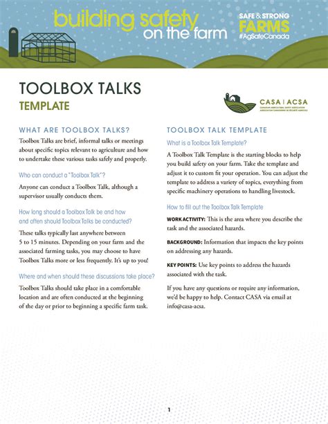 Toolbox Talks Template Canadian Agricultural Safety Association