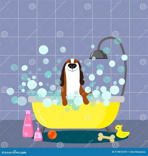 Cartoon Dog Sits In A Bath With Soapy Foam The Concept Of Grooming
