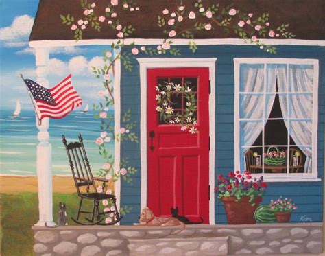 Folk Art Print Summer On The Porch Etsy Folk Art Painting House