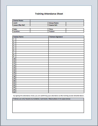 Training Attendance Sheet Attendance Sheet Template Attendance Sheet