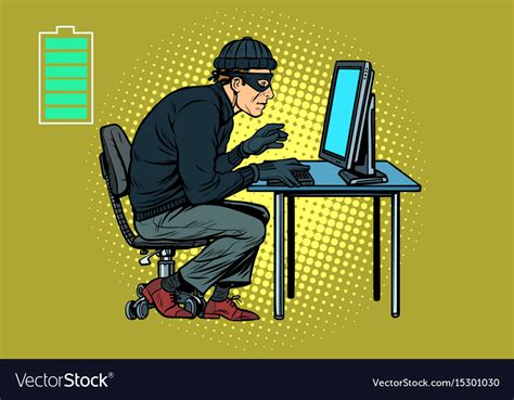 Caucasian Hacker Thief Hacking Into A Computer Vector Image