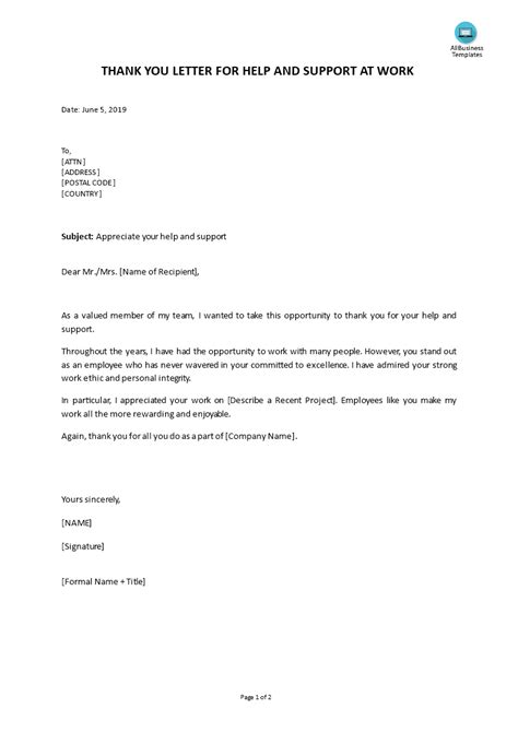 Thank You Letter For Help And Support At Work Gratis