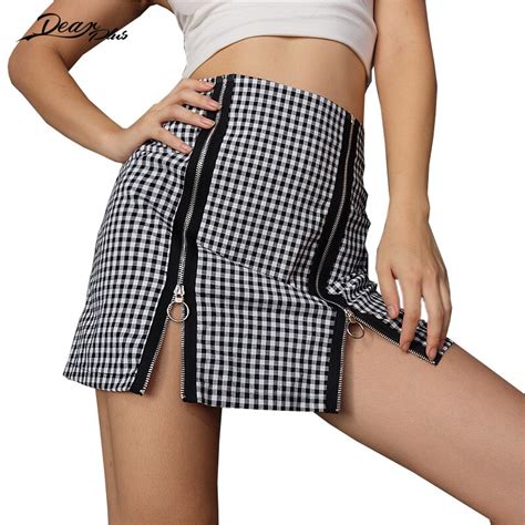 Women Fashion Plaid Zipper Bodycon Skirt High Waist Split Mini Skirt