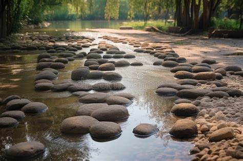 Flowing Water Over Smooth Pebbles And Stepping Stones In The Park Stock