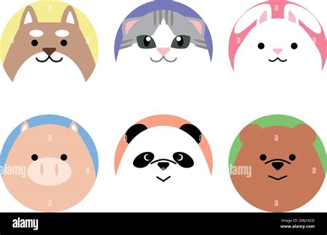 Animal Face Icon Set Round Shape Cute Design For Kids Stock Vector