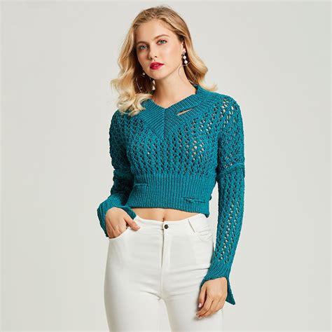 Women Autumn Sexy Slim Short Length Solid Blue Knitwear Coarse Wool V Neck Hollow Out Hole