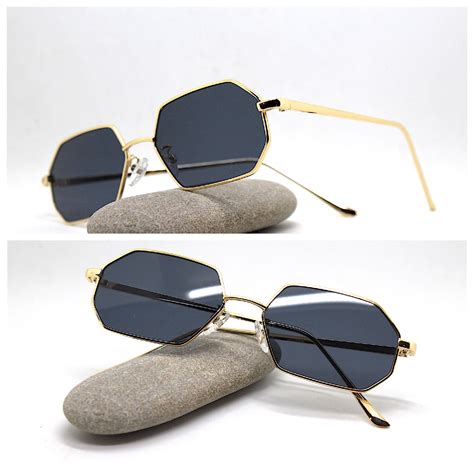 octagonal rectangle sunglasses man woman gold metal frame black lens steampunk hippie boho