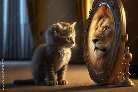 Kitten Looking At Round Mirror On Table Male Lion Inside Mirror Close Up Generative AI