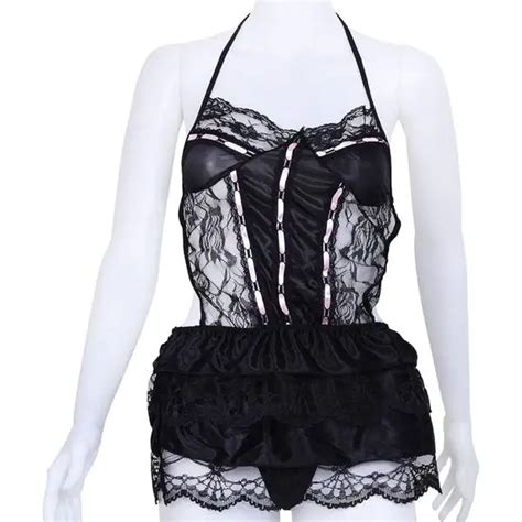 new black sexy costumes sexy lingerie perspective dress underwear backless lace set erotic