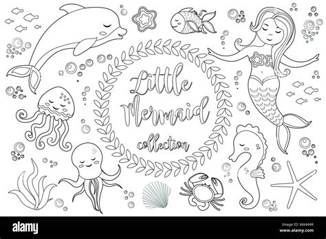 Cute Little Mermaid And Underwater World Set Coloring Book
