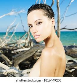 Beautiful Nude Woman On Beach Driftwood Stock Photo