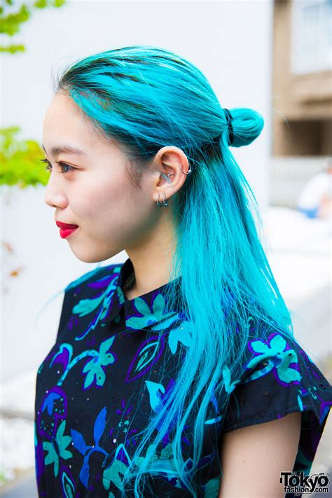 Tight curls further blend the color tones and add shimmering movement. Harajuku Girl's Blue Hair & Summer Dress Street Style w ...