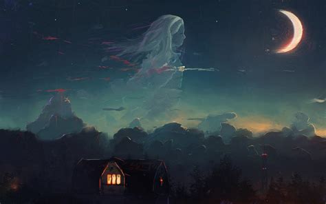 Moon House And Clouds Painting Artwork Fantasy Art Ghost House Hd