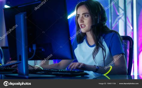 Beautiful Professional Gamer Girl And Her Team Participate In Esport Cyber Games Tournament She