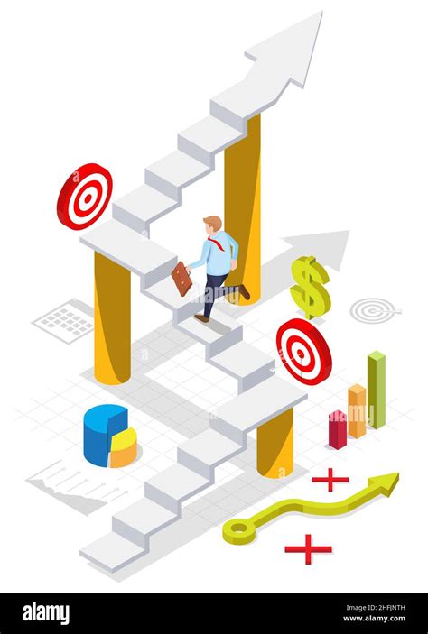 Businessman Climbing Up Stairs To Business Target Vector Isometric