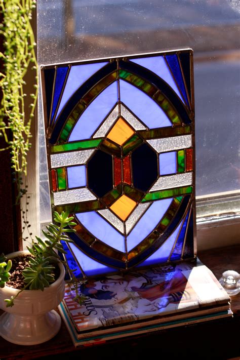 Large Art Deco Stained Glass Window Panel Blue Amber