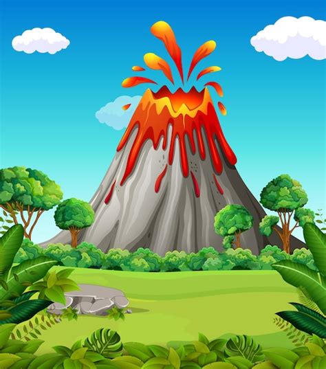 Escena De La Naturaleza De La Erupción Del Volcán Vector Premium