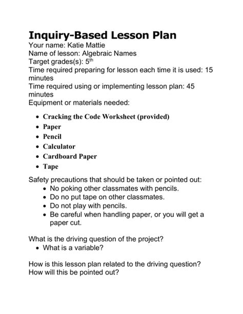 Inquiry Based Lesson Plan